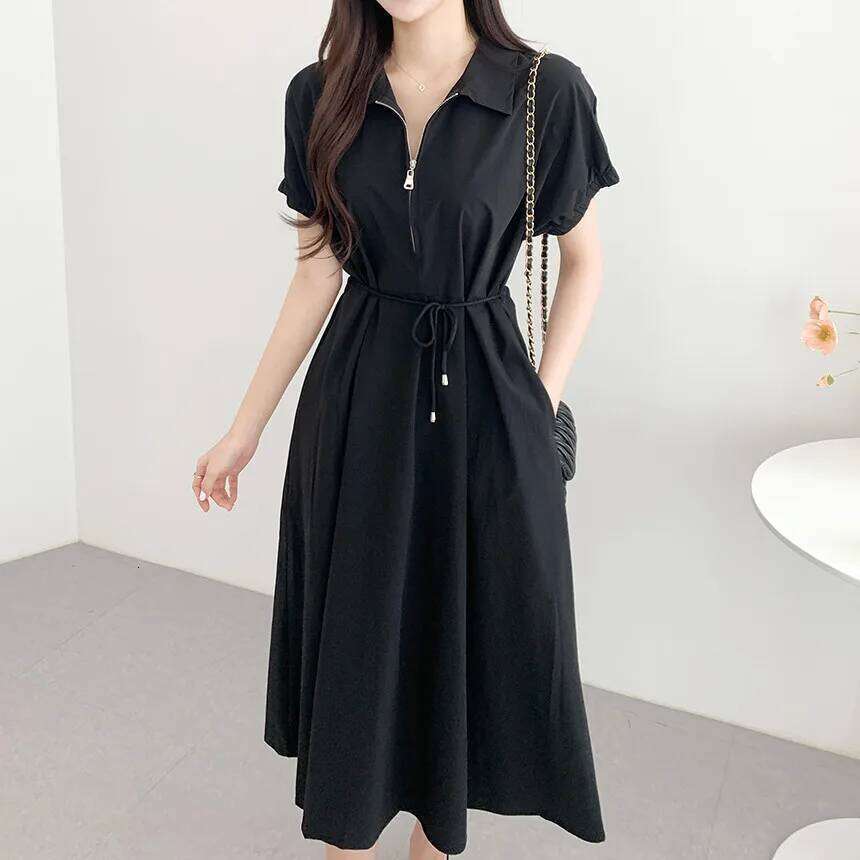 REALEFT Vintage Zipper Women's Shirt 2025 New Short Sleeve Lace-up Turn-down Collar Solid Casual Straight Loose Dresses XJ260225