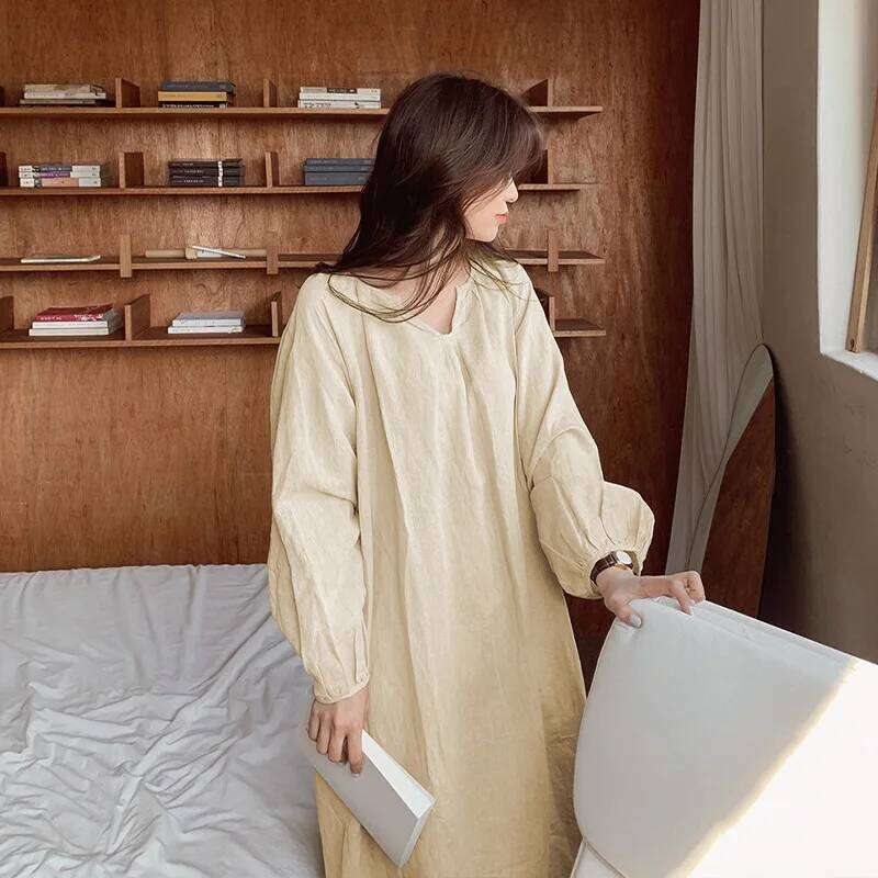Vintage 100% Cotton Women Dress V Neck Long Sleeve Korean Jananse Pajama Dresses Ladies Comfortable Homewear Wearable Outside XJ260225