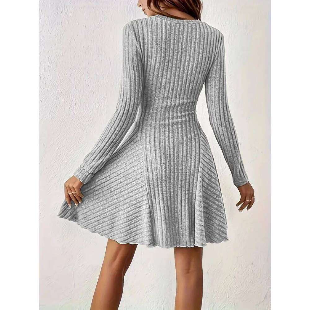 Women's V-Neck Knit - Long Sleeve Swing Mini Dress, Elegant Bodycon Short Dress XJ260225
