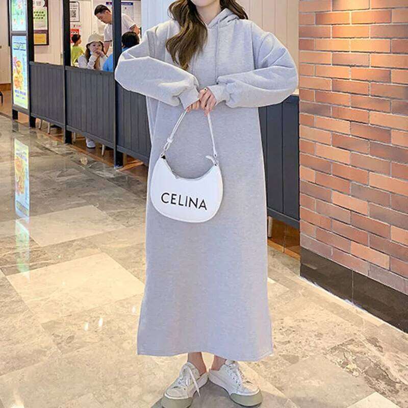 Korean Fashion Dresses Autumn Winter New Women Solid Hooded Plus Velvet Long Sleeve Loose Ankle-Length A-line Sweatshirt Dress XJ260225