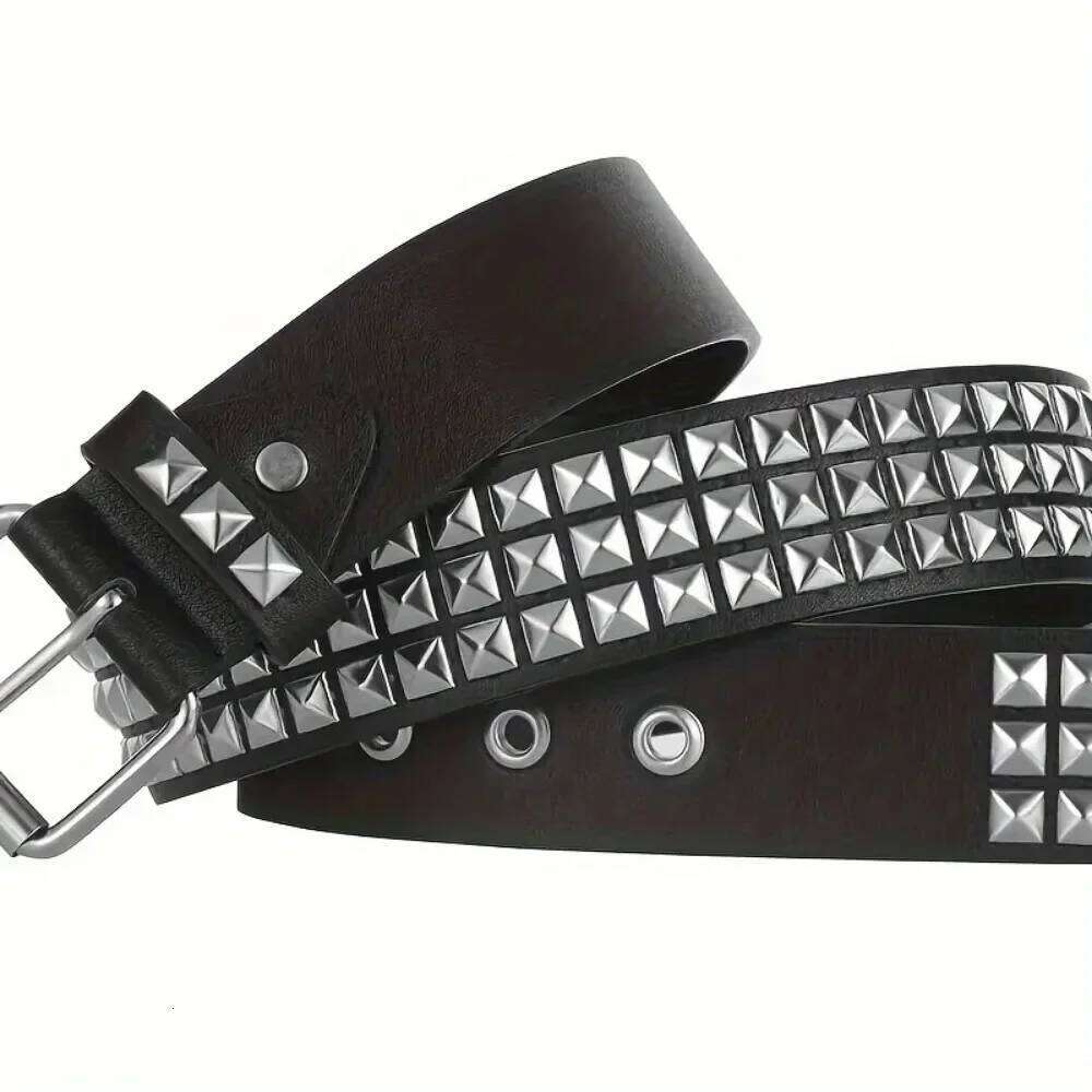 1Pcs Black Leather Belt with Silver Pyramid Studs Punk Rock Style Men Women Fashion Waist Strap Y260225