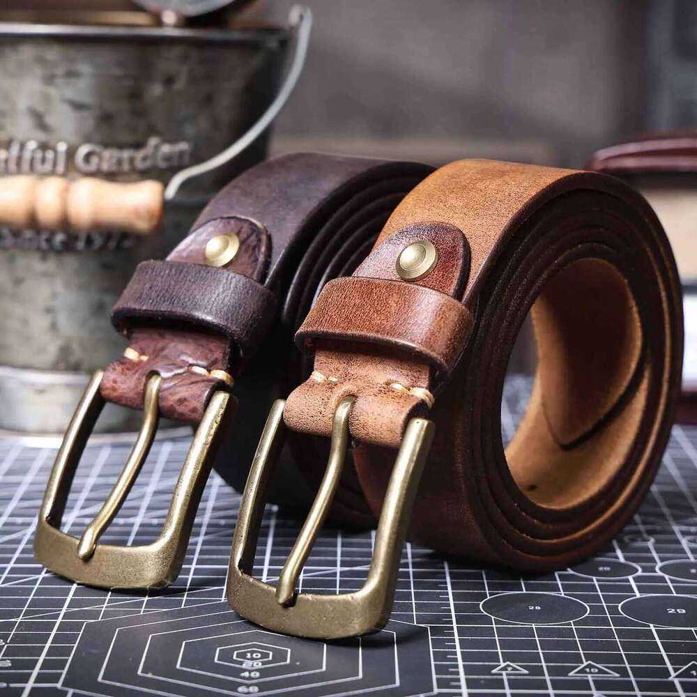 Vintage Genuine Leather Men's Solid Brass Buckle, Casual Pin Buckle Belt With Gift Box, Thickened Italian Cowhide Y260225