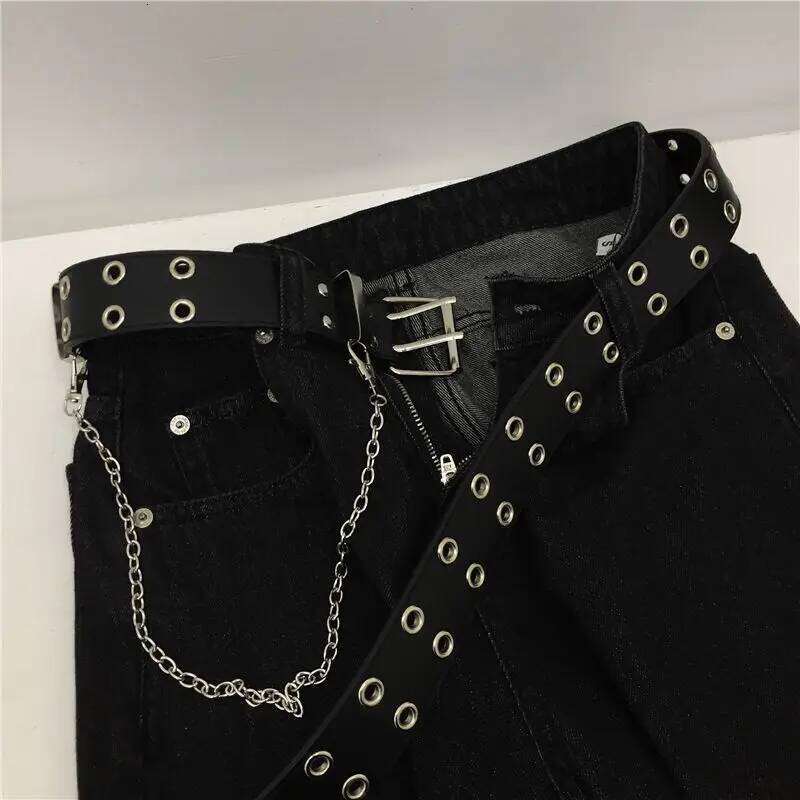 Belt female Korean ins spicy girl dark personality double-breasted metal chain decoration versatile punk men belt tide Y260225
