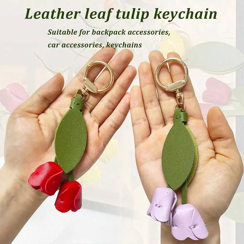 Fashion Tulip Bag Decoration PU Leather Leaf Flower Key Chain Fashion Cute Charm Creative Bag Pendant For Family/Friends Gift H260225