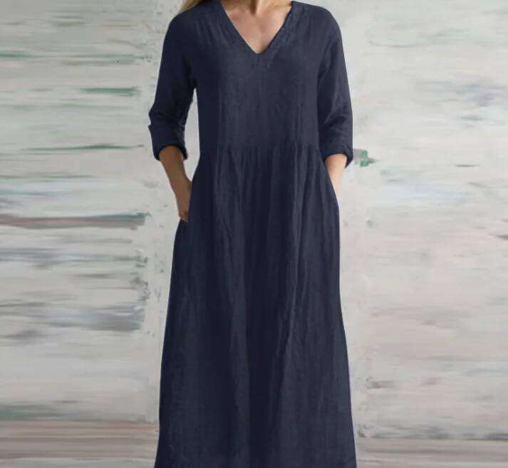 Cotton Linen Loose Long Dresses For Women 2024 Spring Autumn New Casual Half Sleeves V-neck Maxi Dress Simple Style Lady Vestido XJ260225