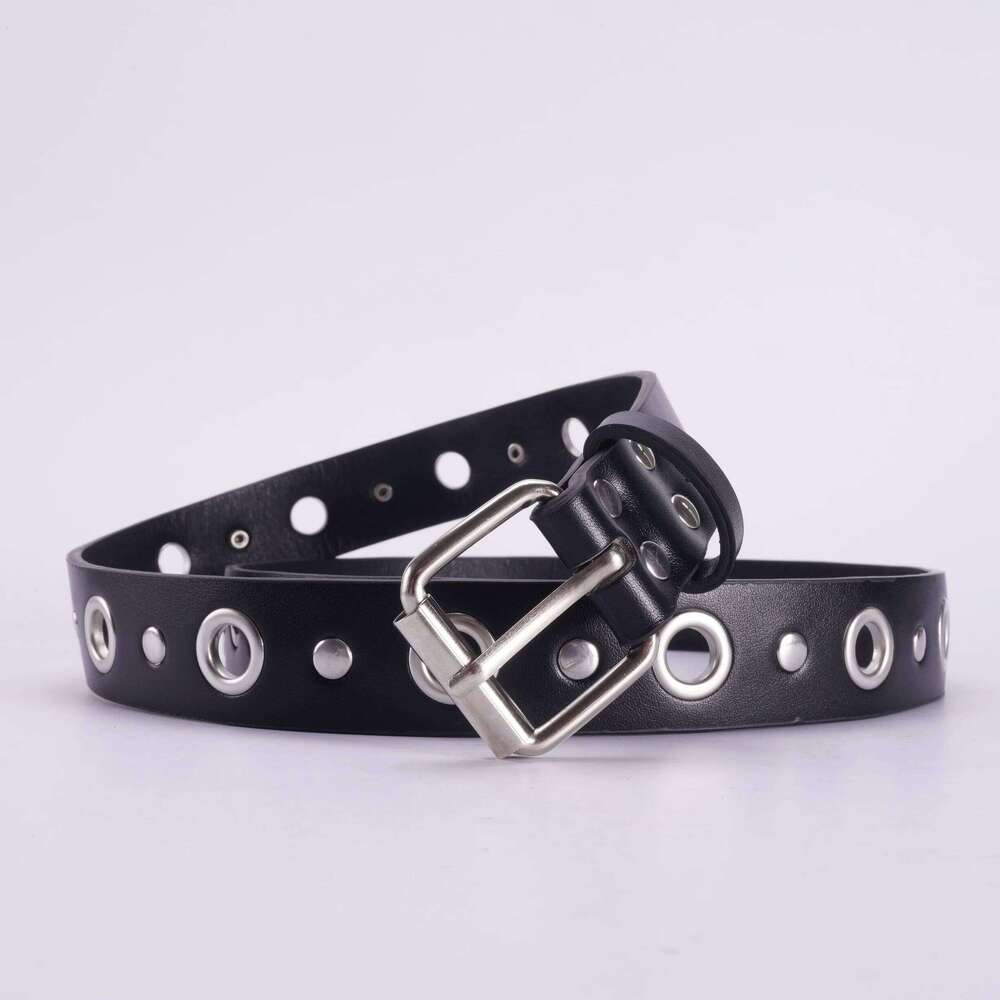 Unisex Black PU Leather Belt with Pin Buckle Eyelets - Punk Style, for Jeans & Casual Wear Y260225