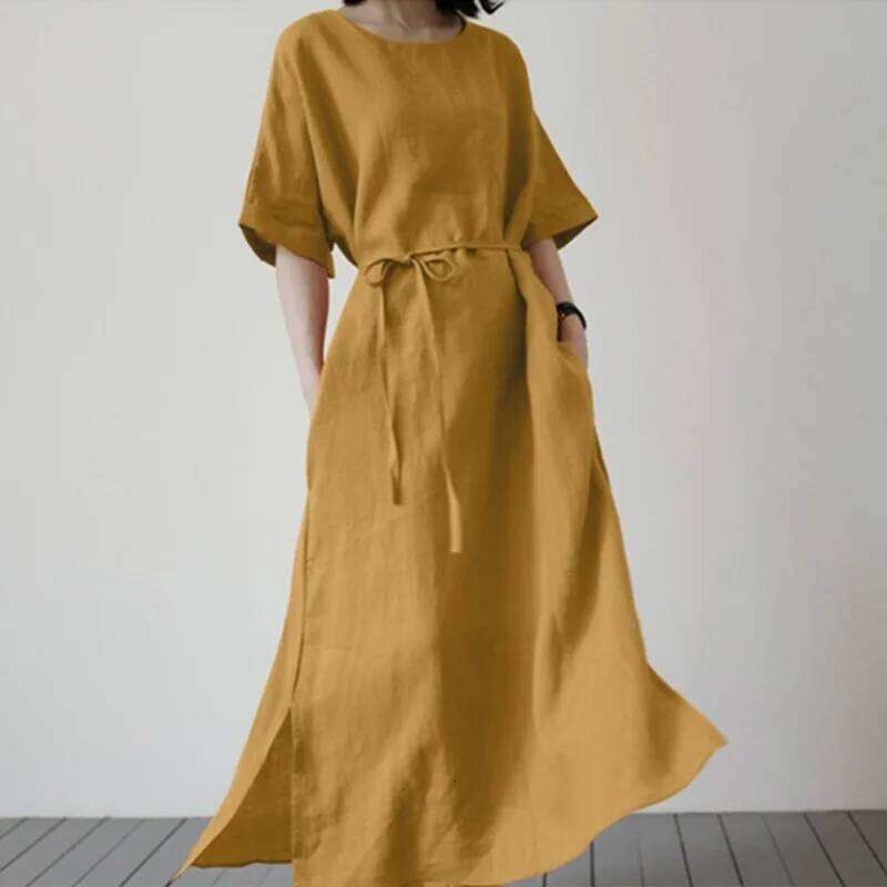 Women's Long Fashion Slit Hem Sundress Elegant Short Sleeve Casual Belt Cotton Linen Dress for Women XJ260225