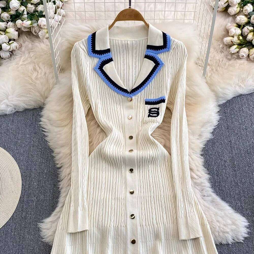 YuooMuoo 2024 Autumn Winter Elegant Knitted Sweater Women Brand Fashion Embroidery Pocket Long Sleeve Shirt Dress Vestidos XJ260225