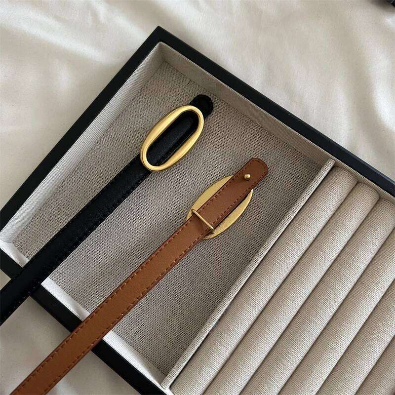 Oval Women's Skinny Leather Belt Ladies Thin Soft Waistband with Retro Gold Buckle Black Brown Belts for Jeans Dresses Pants Y260225