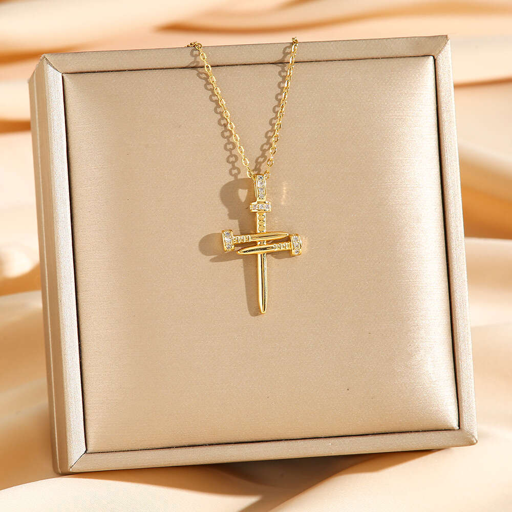 Micro Inlaid Diamond Stud Cross Titanium Steel Necklace for Women Trendy Collarbone Chair