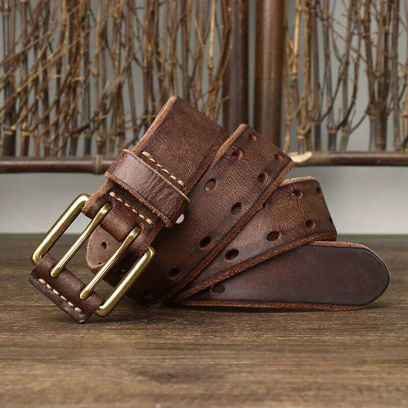 Retro trendy personalized double needle buckle genuine leather washed vegetable tanned top layer cowhide men new style belt Y260225