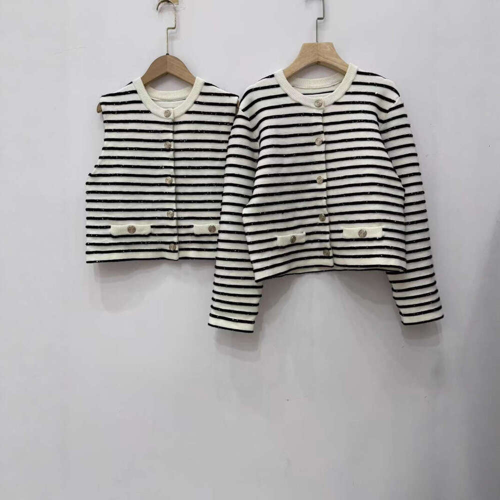 2026 Early Autumn New French Elegant Small Fragrance Style Striped Knitted Cardigan + Sequin Vest Top