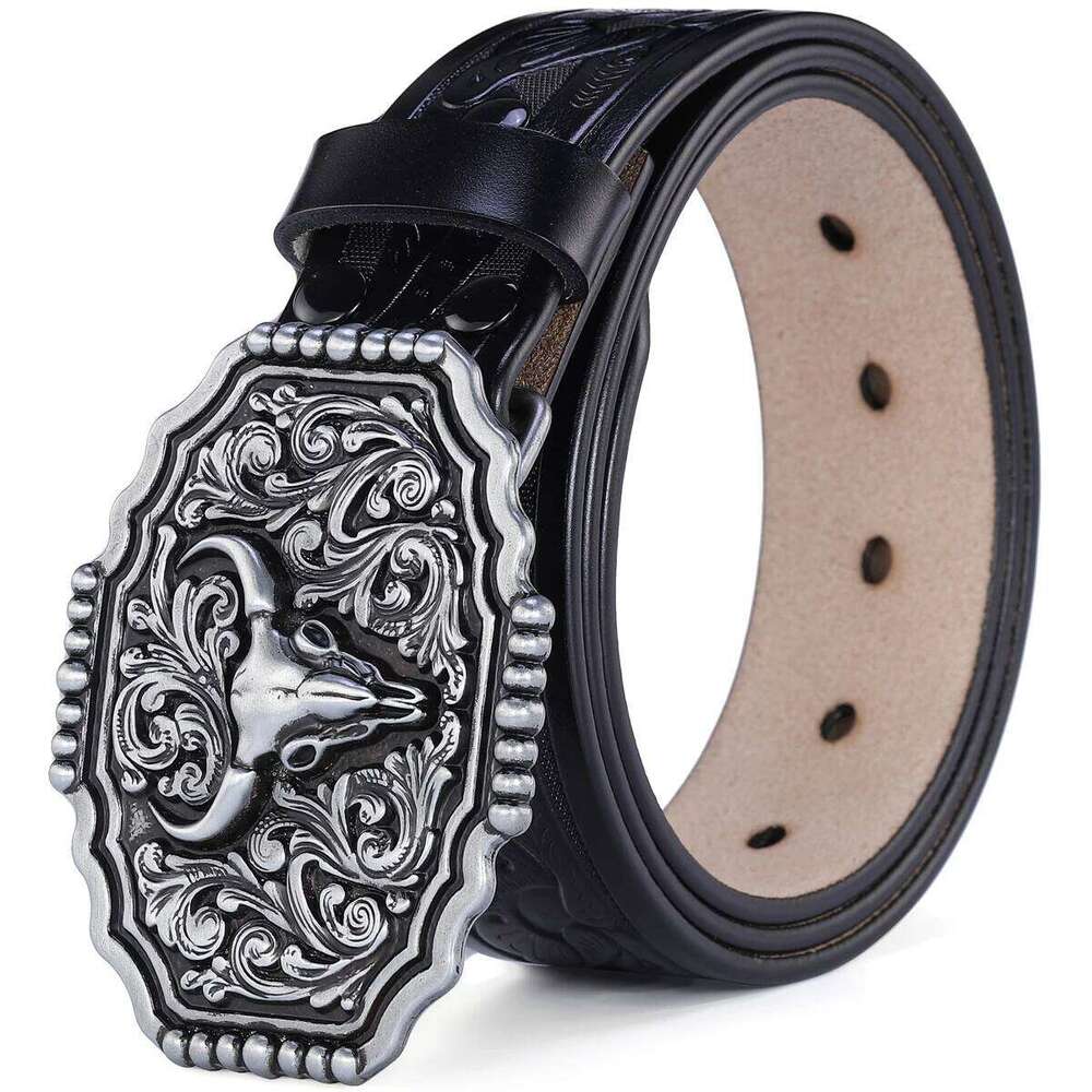 Big Bull Buckle Western Belt for Men High Quality Cowboy Faux Leather Waist Male Belts Floral Engraved Jeans Street Punk 3.8cm Y260225