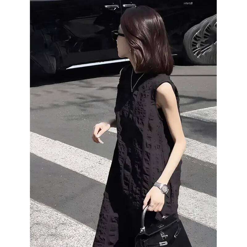 Women's New Spliced Pullover Round Neck Fashionable Solid Color Pockets Loose Slimming Temperament Sleeveless Vest Dress XJ260225