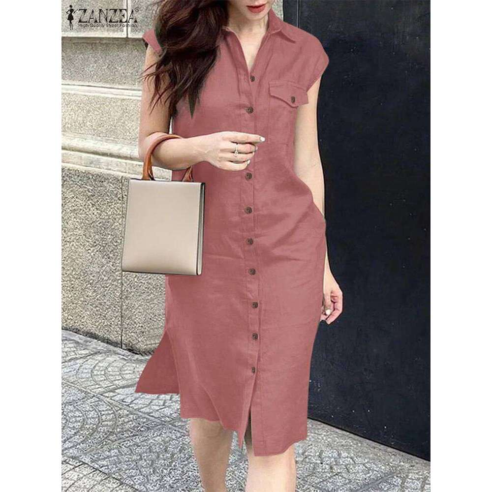 2025 Summer ZANZEA Women Fashion Shirt Dress Elegant Lapel Neck Sleeveless Work OL Dresses Casual Solid Holiday Vestidos XJ260225