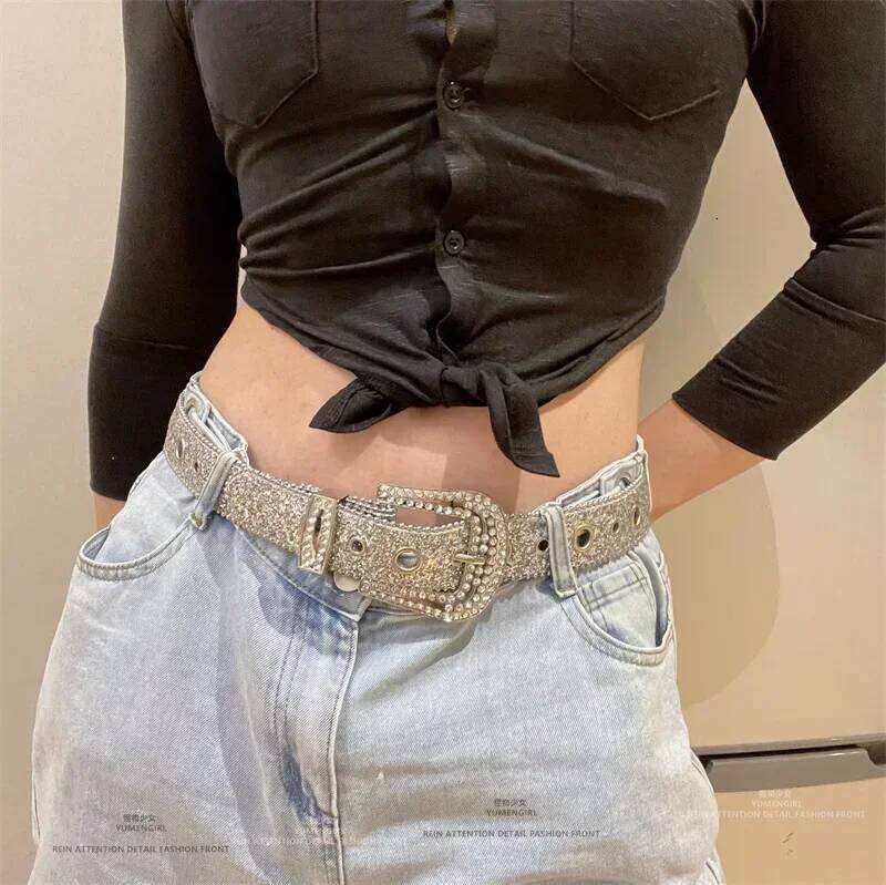 Y2K Women Fashion Solid Print Studded Full Rhinestone Belt PU Leather Bling Crystal Adjustable Glitter Waistband for Club Party Y260225