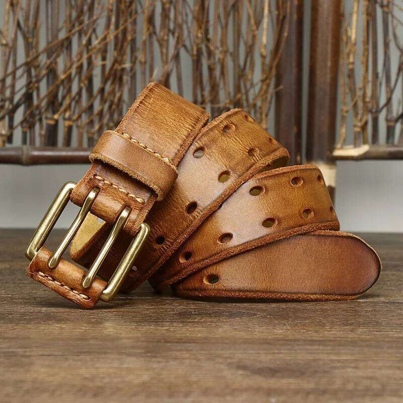Retro trendy personalized double needle buckle genuine leather washed vegetable tanned top layer cowhide men new style belt Y260225