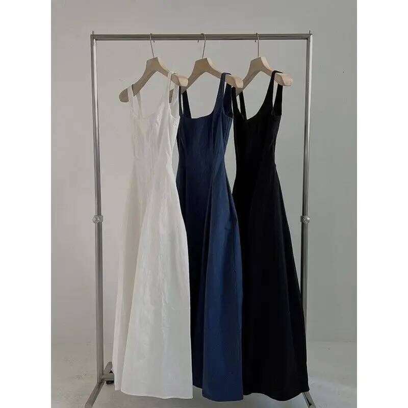 Summer New Korean Version Waist-closing to Make You Look Slim Simple Sleeveless Mid-length Skirt Suspender Chic Dress for Women XJ260225