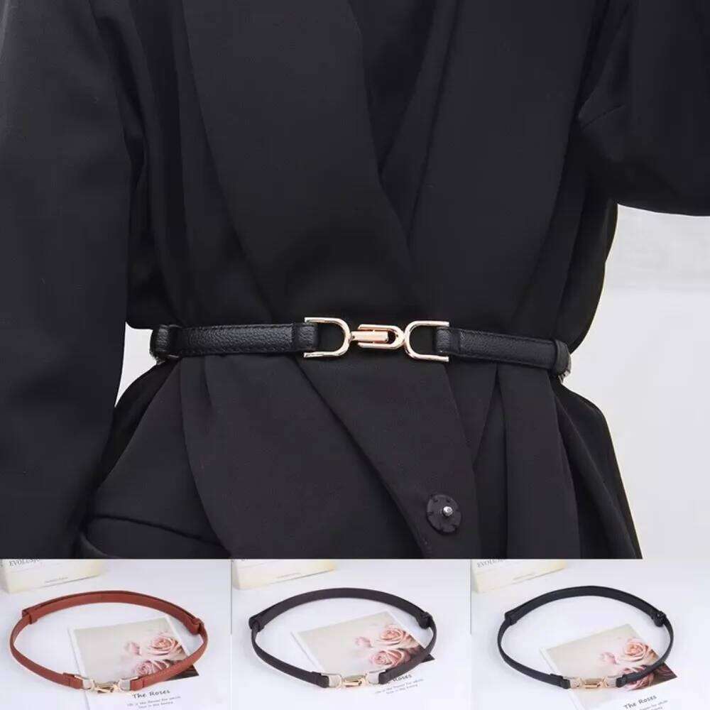 Faux PU Leather Women's Thin Belt Gold Color Buckle Adjustable Waistband Vintage Simple Design Skinny Waist Belts Y260225
