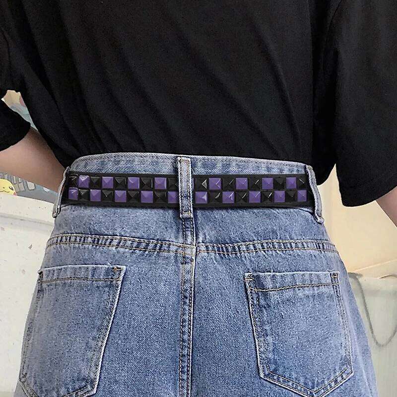 Purple Rivet Punk Women's Belt Hip Hop Y2k Jeans Accessories Girdle Fashion Trend Pu Leather Pin Buckle Waistband Unisex Y260225
