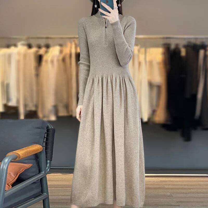 Korean Stand Collar Female Autumn/Winter100%Merino Wool Knitted and Calf Maxi Fashion Waisted High-neck Dress XJ260225