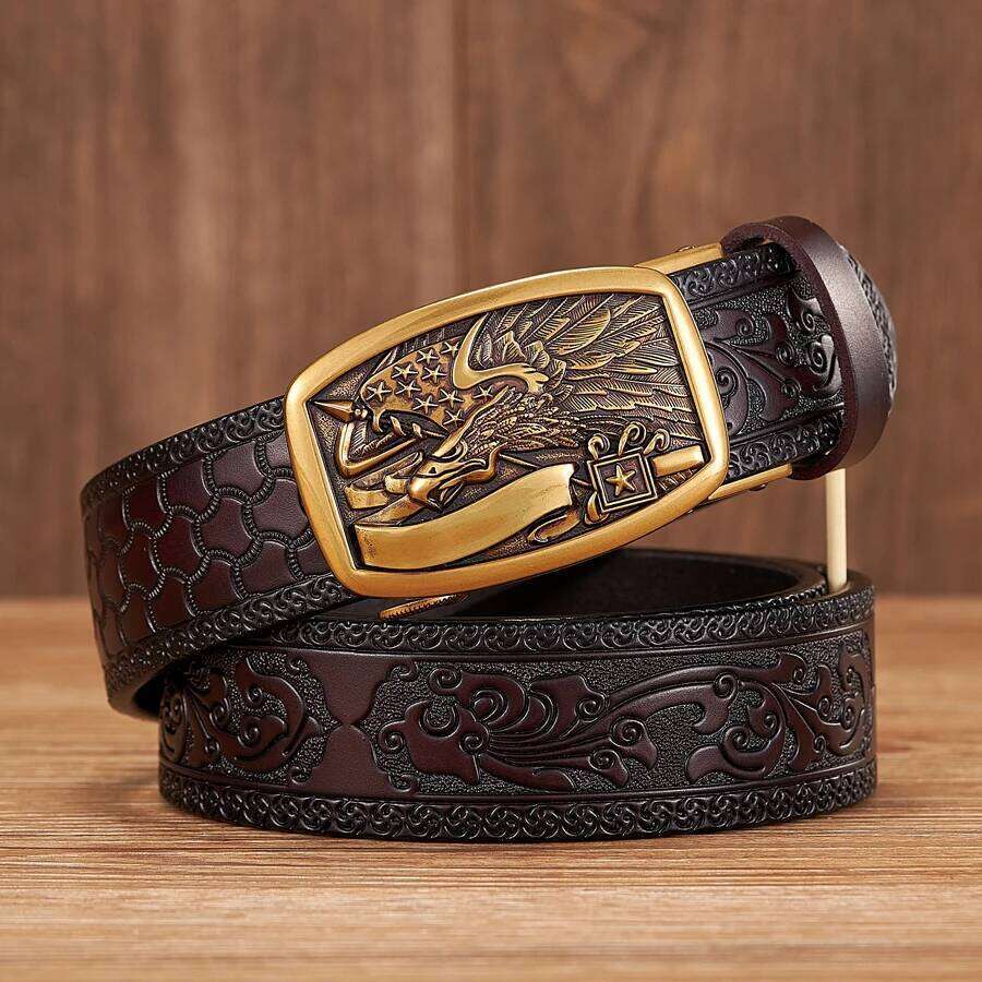 3.5cm New Eagle Pattern Split Quality Alloy Automatic Buckle Wasitbad Strap Genuine Leather Gift Belt Men Y260225
