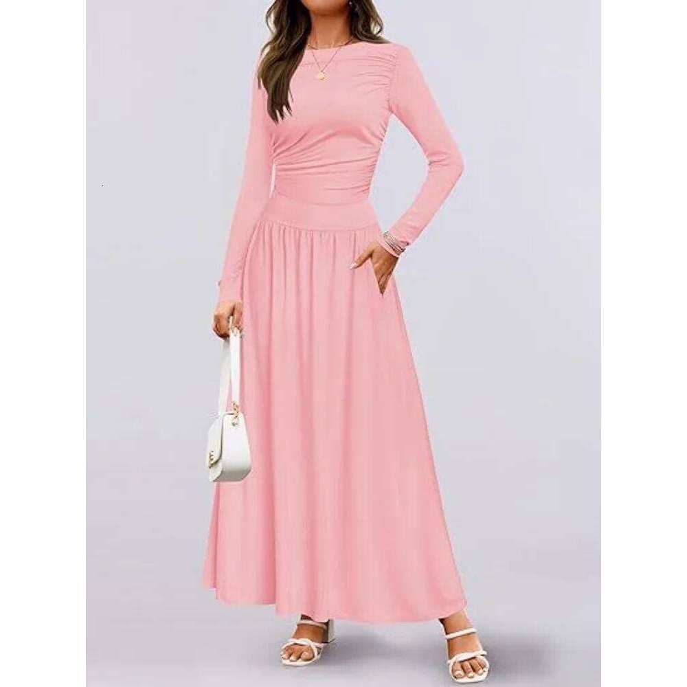 Autumn New Arrivals Women Long Sleeve Maxi Dress Comfortable Fit Ruched Detail Multi Color for Casual Everyday Wear XJ260225
