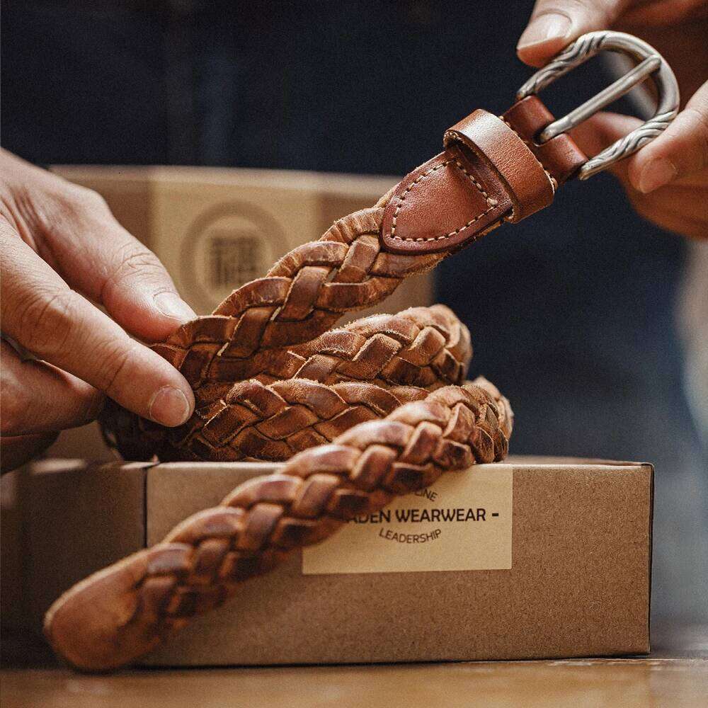Maden Vintage Woven Vegetable Tanned Leather Accessories with Two-layer Cowhide for Men's Versatile Brown Belt Y260225