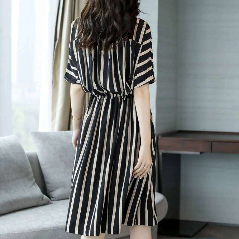 Striped Short-Sleeved Midi Dress Summer Aesthetic Clothes Korean Fashion Casual Office Lady Dresses for Women Vestidos XJ260225