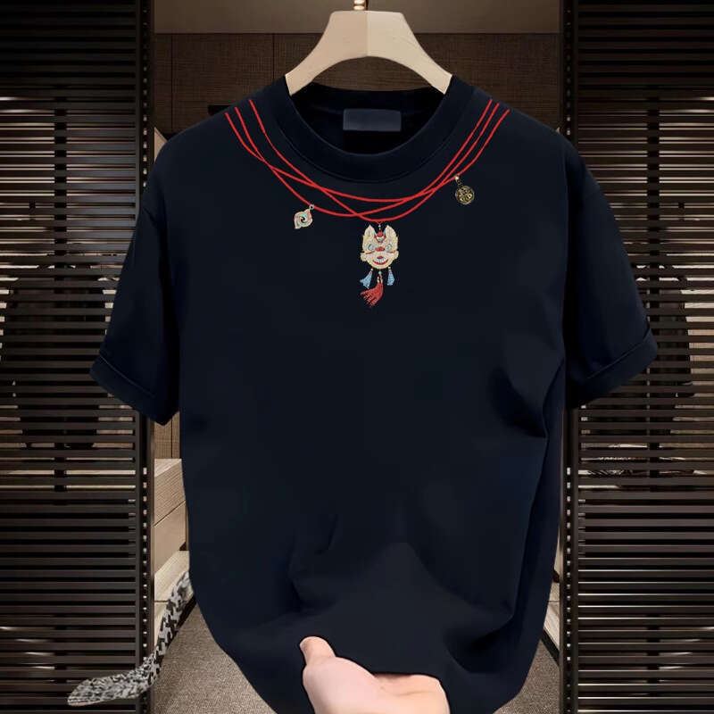 Men's T shirt New Navy Loose Fit Red String With Lion Dance Pendant On Neck Full Of Chinese Style Atmosphere Comfortable Soft - view 5