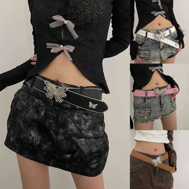 Women PU Butterfly Waist Subculture Pin Buckle Waistband Punk Y2K Jeans Pants Belt Hot Girl Accessories Y260225