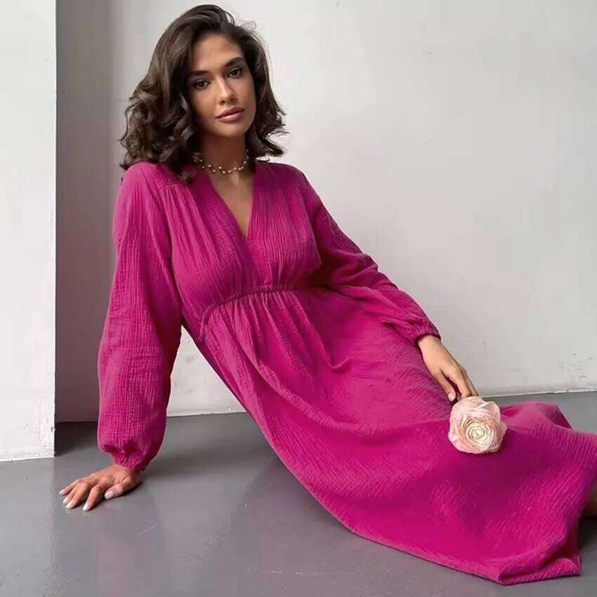 Elegant 100% Cotton Long Sleeve V-Neck High Waist Evening Party Dress Women Robe Girl White Midi Dresses Mori Look XJ260225