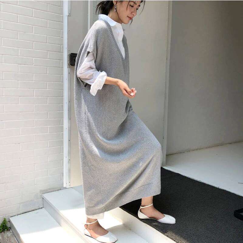BGTEEVER Chic Casual Winter Oversize Straight Sleeveless Sweater Women Thick Knit Long Female Knitted Vest Dress XJ260225