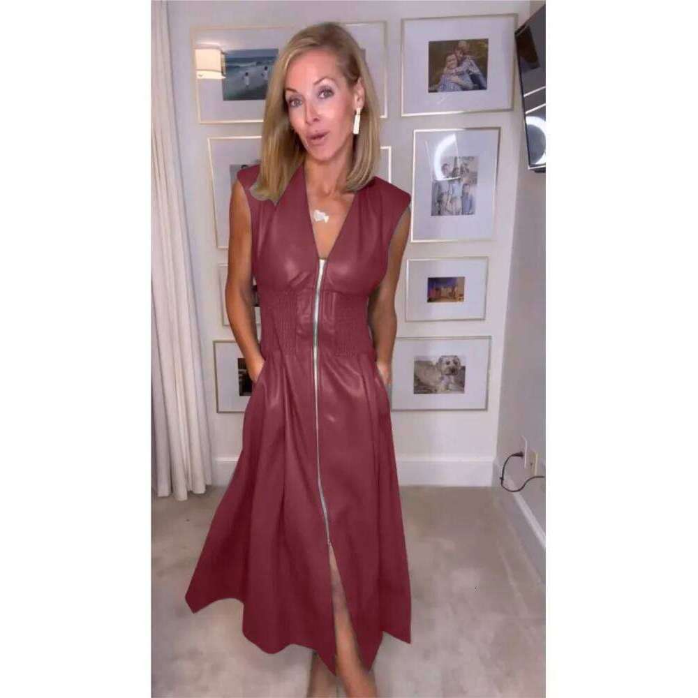 PU Leather Zipper Long Dress Women Summer Sleeveless Elastic Waist Tight Retro Elegant Pleated Dresses Office Female Vestidos XJ260225