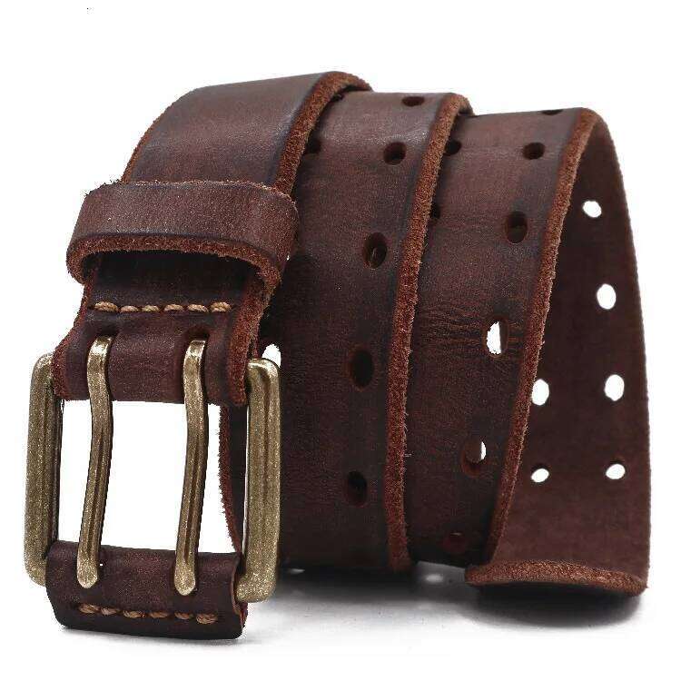 3.8cm New Style Pure Cowhide Men's Double Needle Italian Leather Belt Retro Design Hollow Handmade Stitch Versatile Pants Belts Y260225