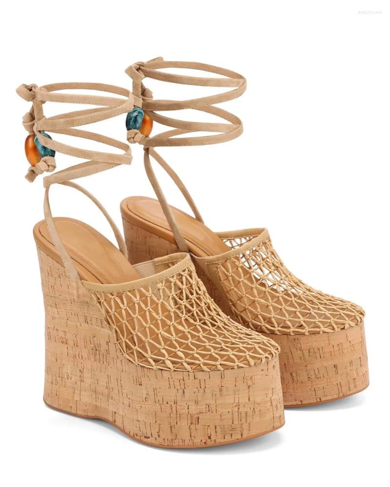 Dress Shoes Ankle Heels Lace Up Summer Women's Upper Woven Mesh Pumps Wedge Sandals Colorful Beads Platform