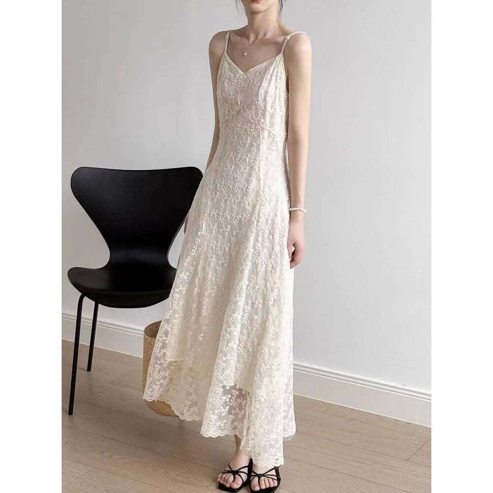 Lace Sling Women Summer New Embroidered Sweet Simple Basic Party Elegant Female Sleeveless Long Dress XJ260225