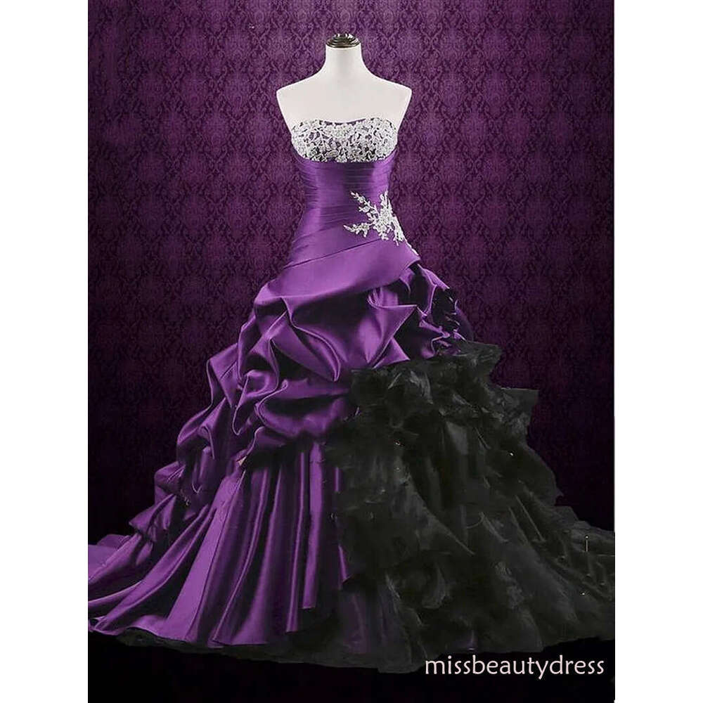 Vintage Purple And Black Wedding Dresses A Line Sleeveless Corset Long Bridal Gowns Ruched Lace Up Plus Size Gothic Bride Dress Vestido De Novia