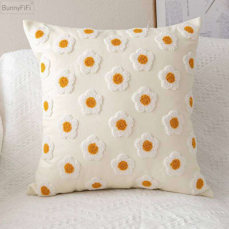Chic Cushion Daisy Floral 45x45cm/30x50cm White Embroidery Pillow Cover Soft Cozy for living room