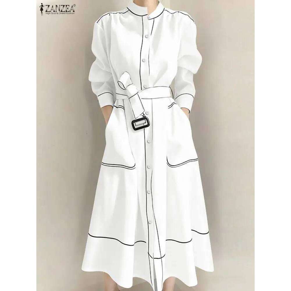 ZANZEA Fashion Shirt Dresses Women Elegant Streetwear Office Lady Midi Vestidos Belted Casual Autumn Long Sleeve Party Robe XJ260225