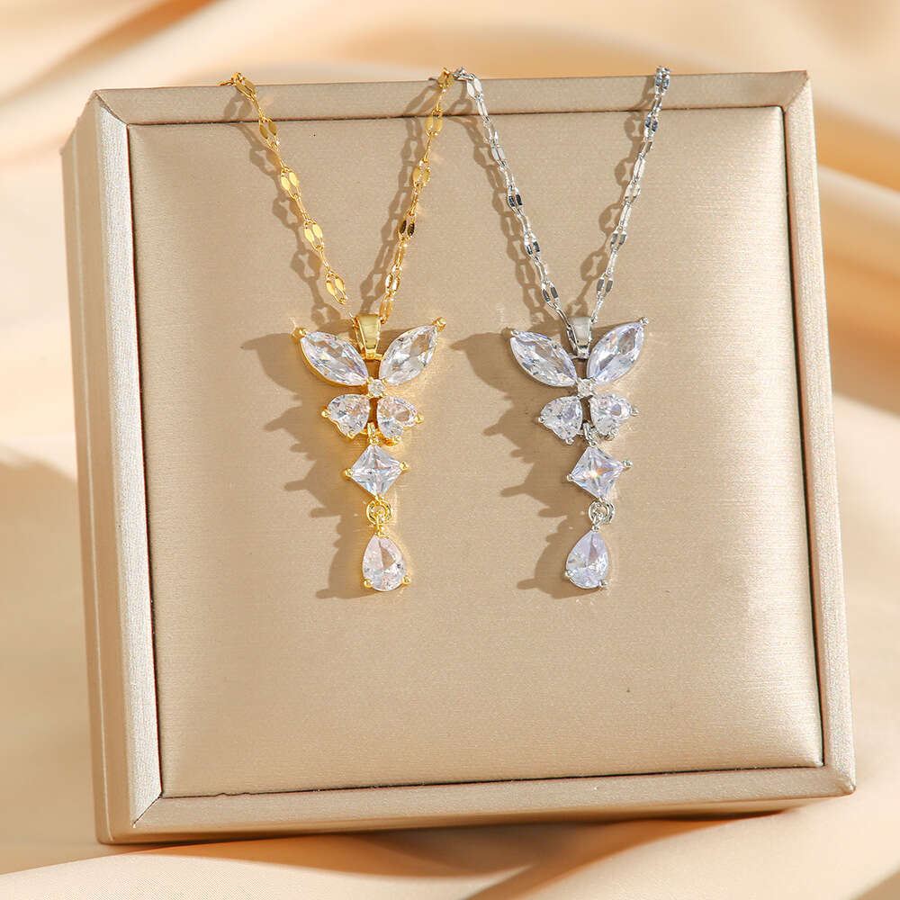 Tassel-style Full-diamond Butterfly Necklace For Women Non-fading Zircon Pendant Light Luxury High-end Collarbone Chain Jewelry