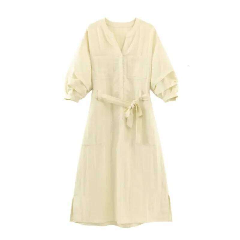 Women Elegant V Neck Shirt Lady Relaxed Tie Waist Midi Dress Casual Early Spring Long Sleeve Commuter Outfit Daily Wear XJ260225