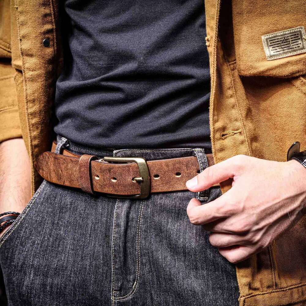 Vintage Genuine Leather Men's Solid Brass Buckle, Casual Pin Buckle Belt With Gift Box, Thickened Italian Cowhide Y260225