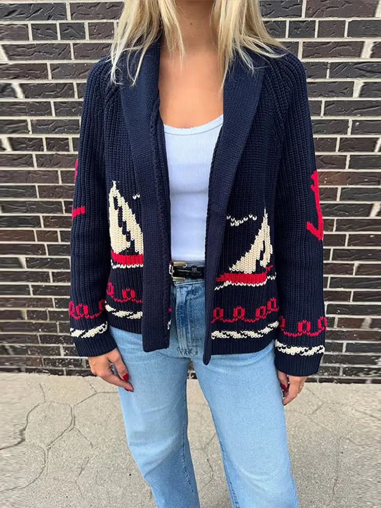 Fashion Knitted Sailboat Jacquard Sweater For Women Spring Turn Down Collar Cardigan Female Street Chic Tops 260126