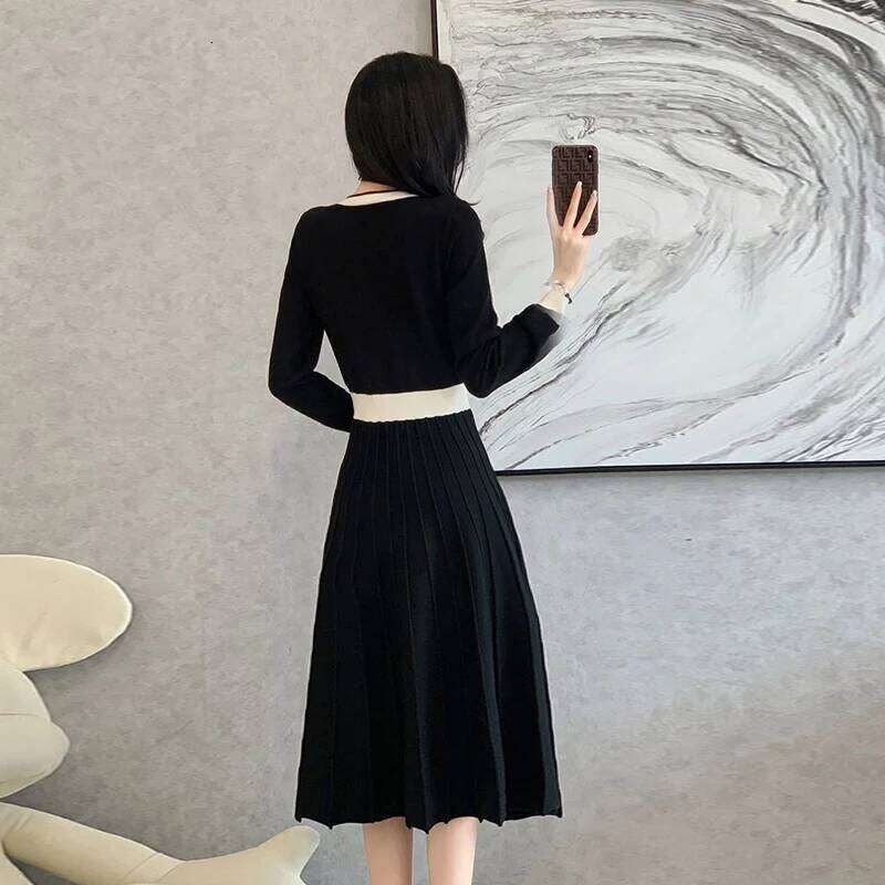 2026 New Autumn Winter O-neck sleeved knitted Pockets single breasted high waisted A-line long sweater Dress XJ260225