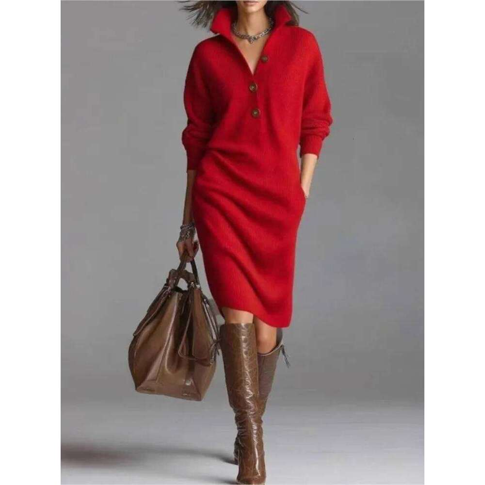 Solid Knitted Midi Dress For Woman Spring Fashion Button Half-open High Neck Loose Dresses Ladies Autumn Leisure Warm Vestidos XJ260225