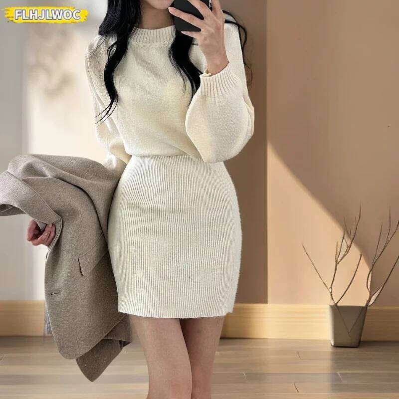 Women Knitted Bodycon Pencil Mini Dresses Autumn Winter Solid Vestidos Long Sleeve Slim Bandage Lady Chic Korean Sweater Dress XJ260225