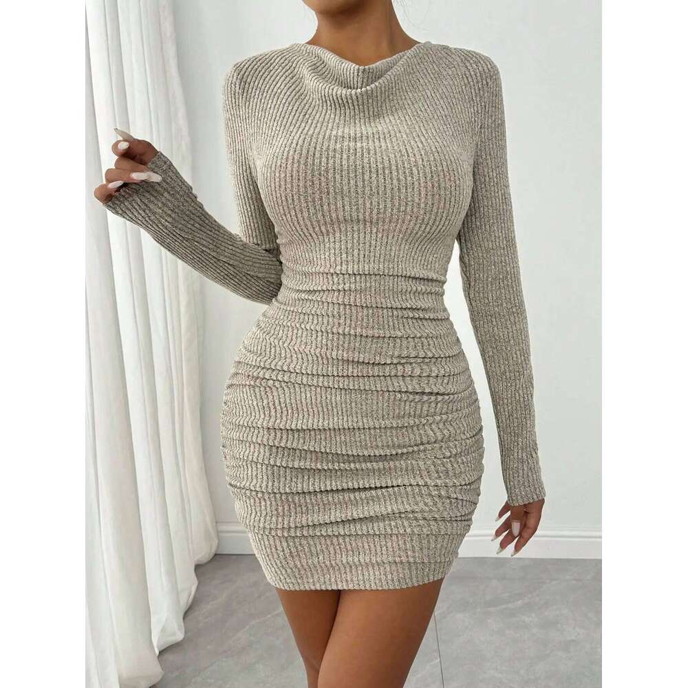 Elegant Asymmetric Hem Knit for Women with Ruffle Collar Long Sleeve Slim Fit Autumn Winter Fashion Dress XJ260225