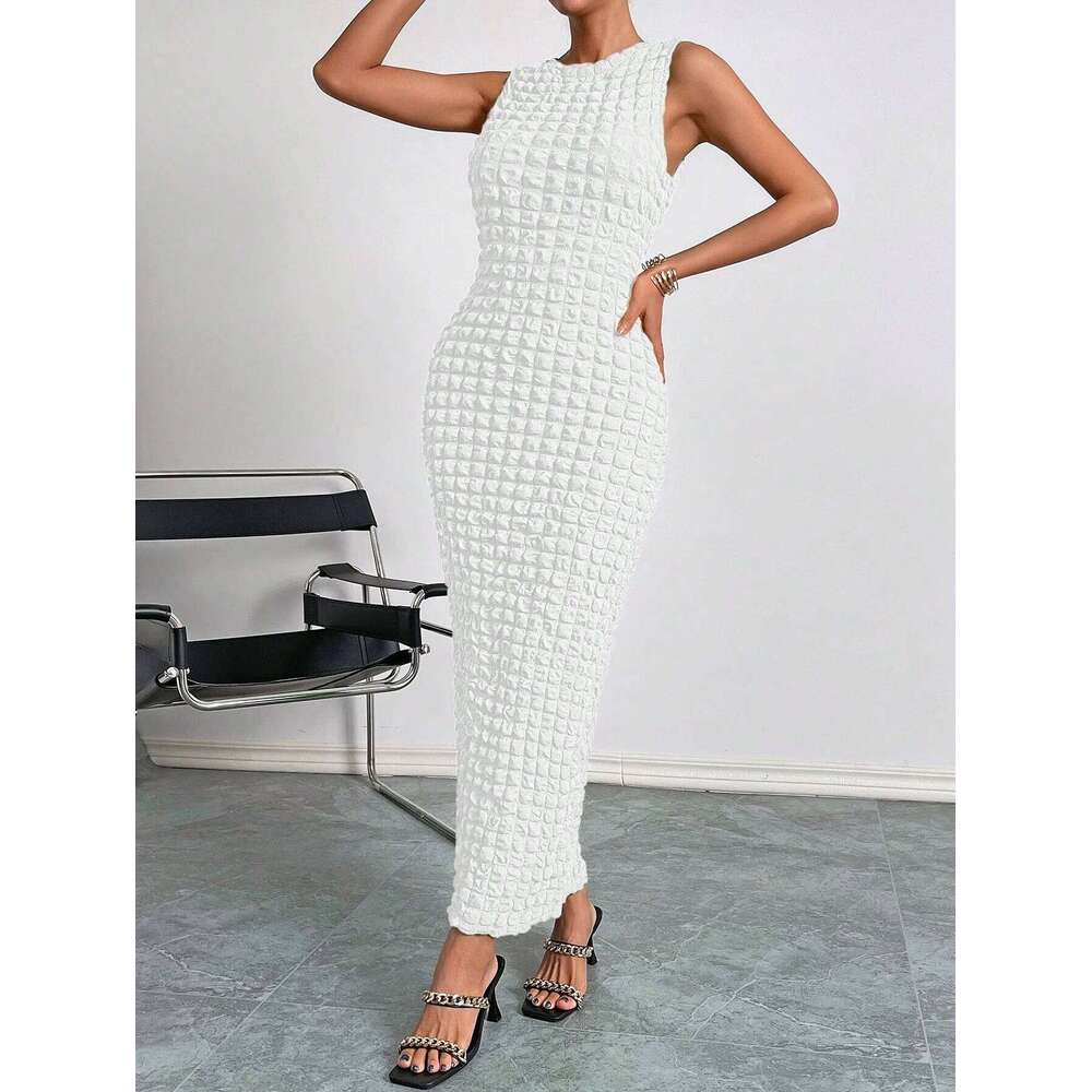 Waffle round neck sleeveless high-elastic solid color dress XJ260225