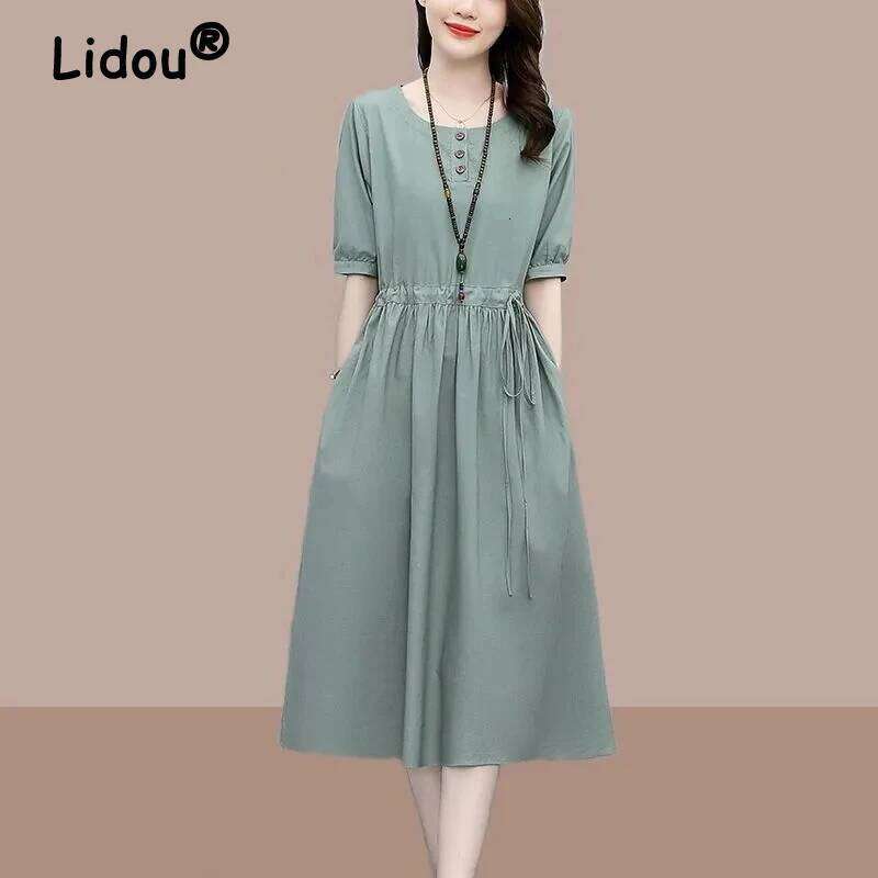 Summer Solid O Neck Pocket Drawstring Midi Dress Women Fashion 2022 Korean Elegant Cotton Linen Casual Loose Comfortable Dresses XJ260225
